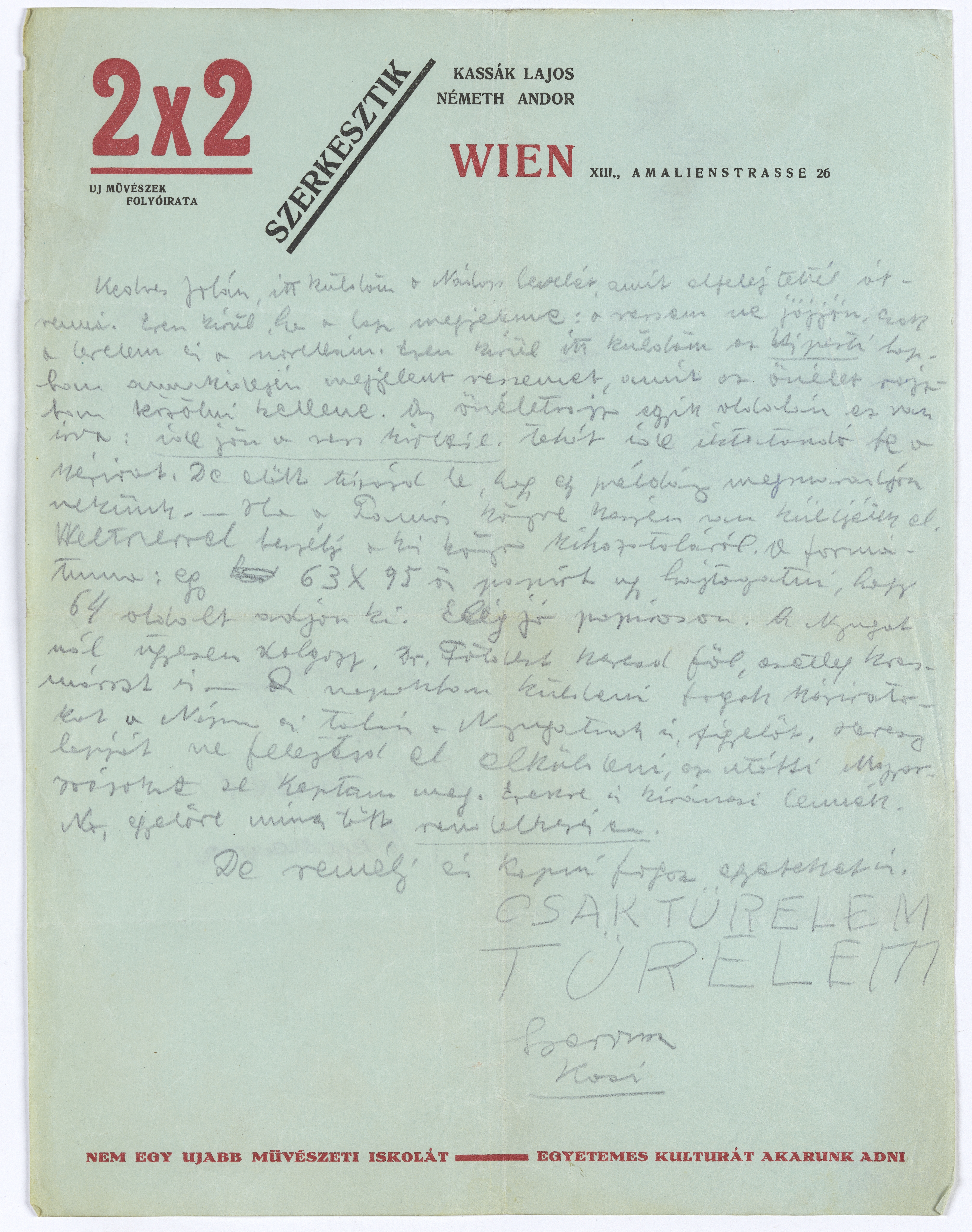 Kassák Lajos levele Simon Jolánnak, 1924. április (Kassák Múzeum, KM-lev. 378/11) 