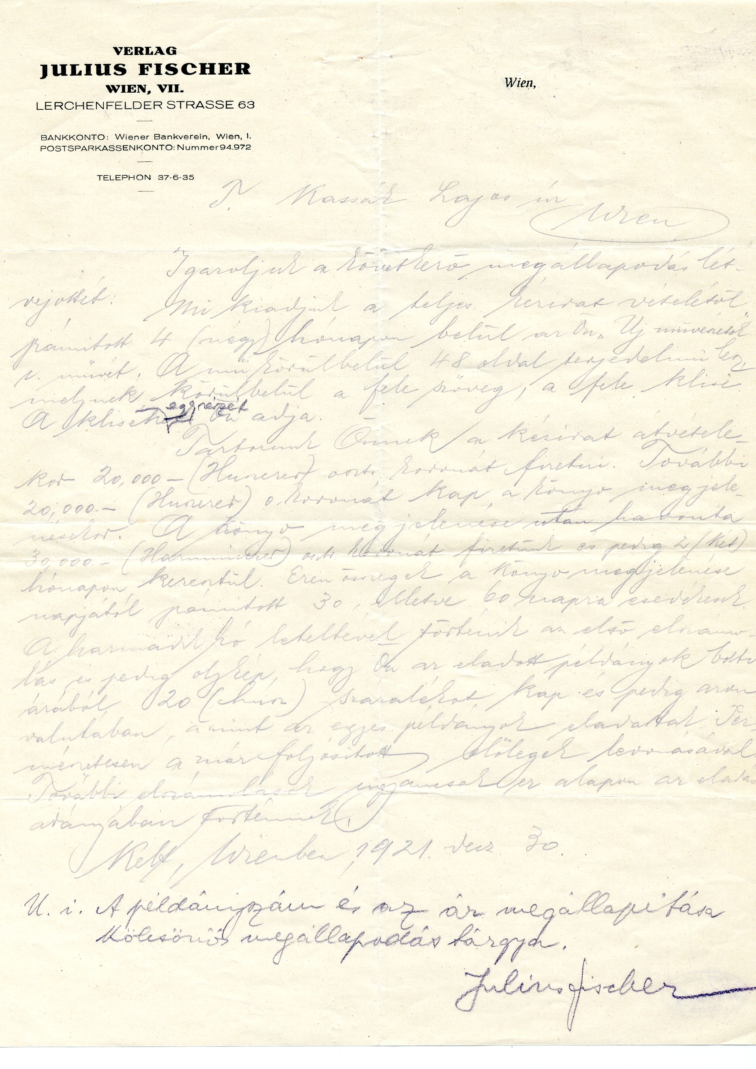 Kassák Lajos szerződése az Új művészek könyve kiadására, 1921 (Kassák Múzeum, KM-an. 3/3)