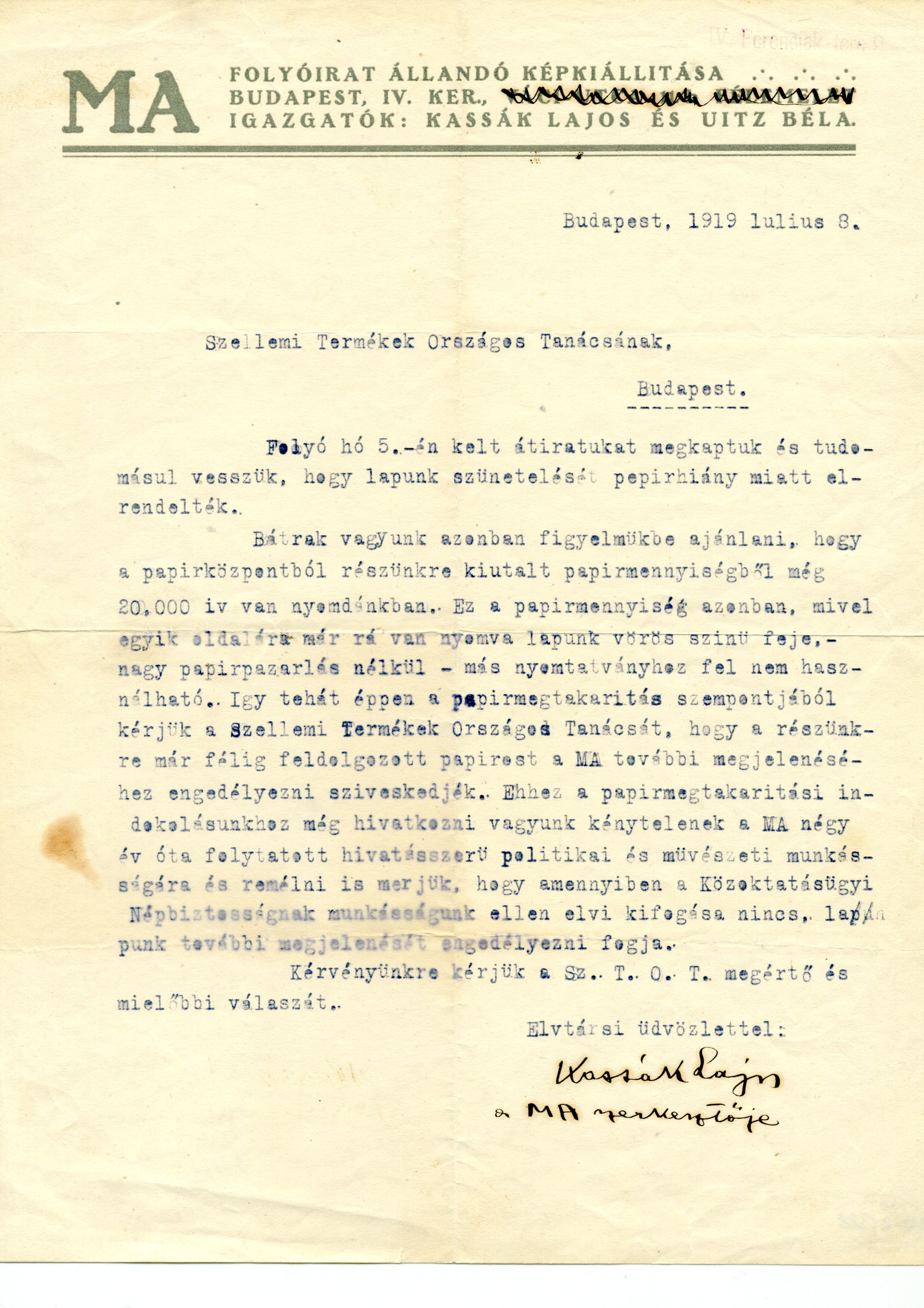Kassák Lajos levele a Szellemi Termékek Országos Tanácsának, 1919. július 8. (Kassák Múzeum, KM-lev. 388)