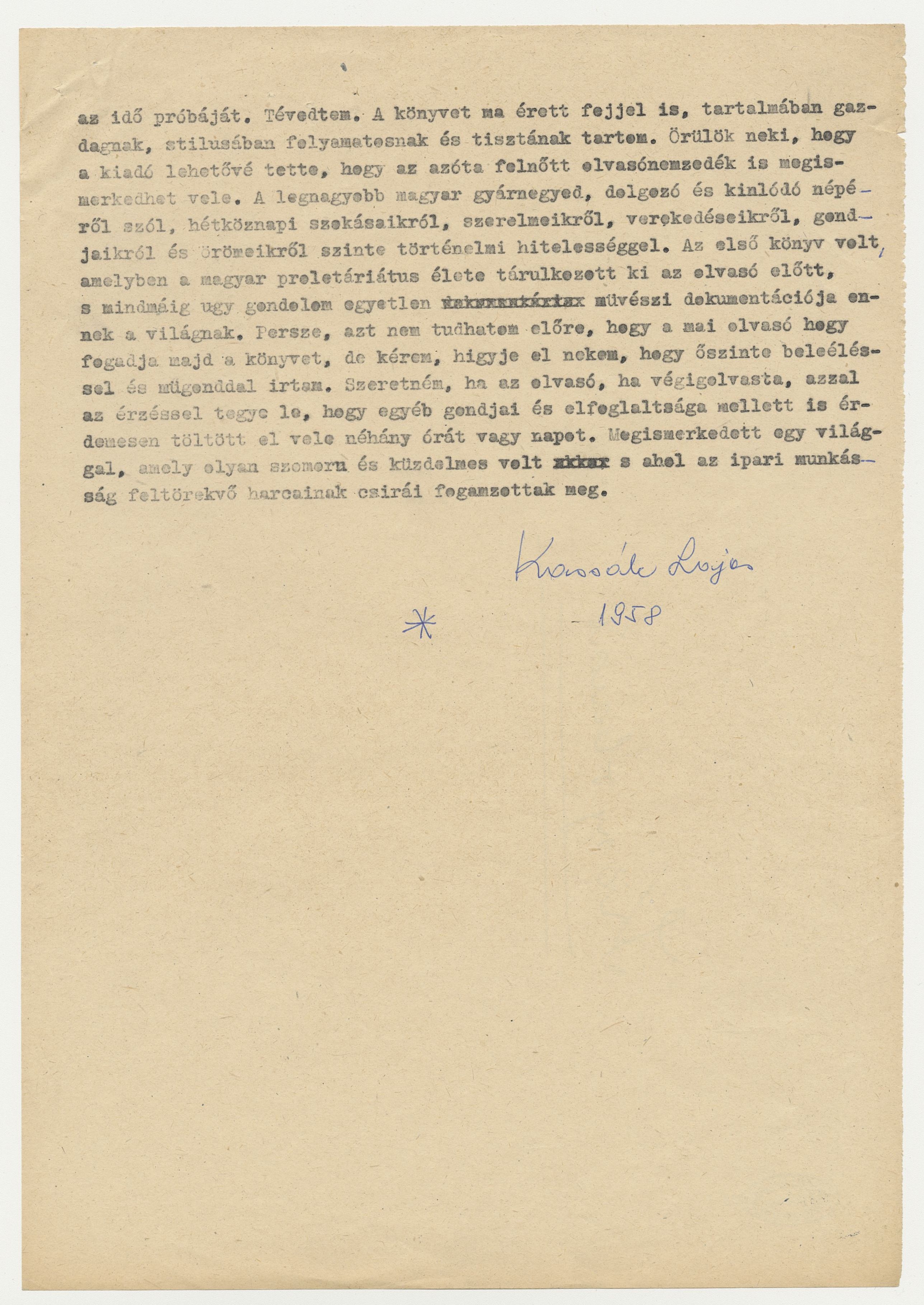 Kassák beszámolója az Angyalföld születéséről a könyv 1958-as új kiadása kapcsán,  KM-an433.1b