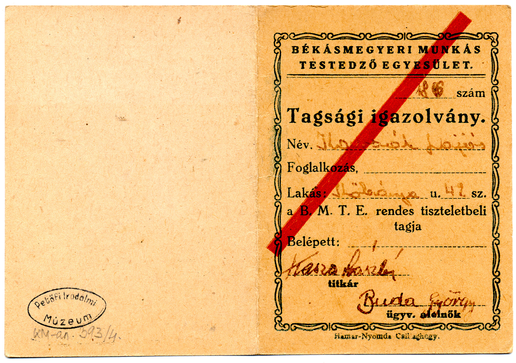 Kassák munkástestedző egyesületi tagsági könyve a békásmegyeri időkből, a Kassák Múzeum gyűjteménye