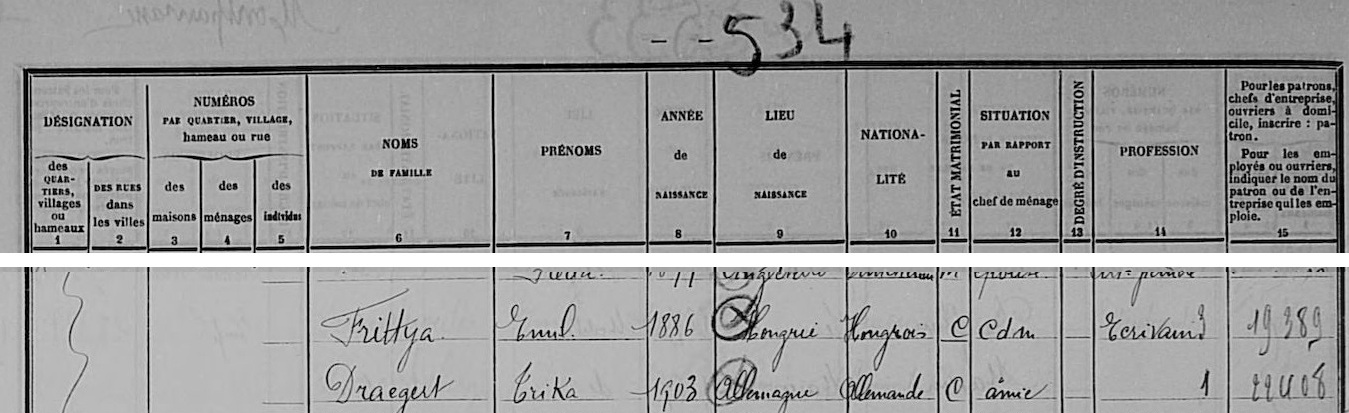 Szittya Emil és neje, Erika Draegert az 1931-es párizsi népszámlálási íven, Archives de France, ltsz.  D2M8 412.