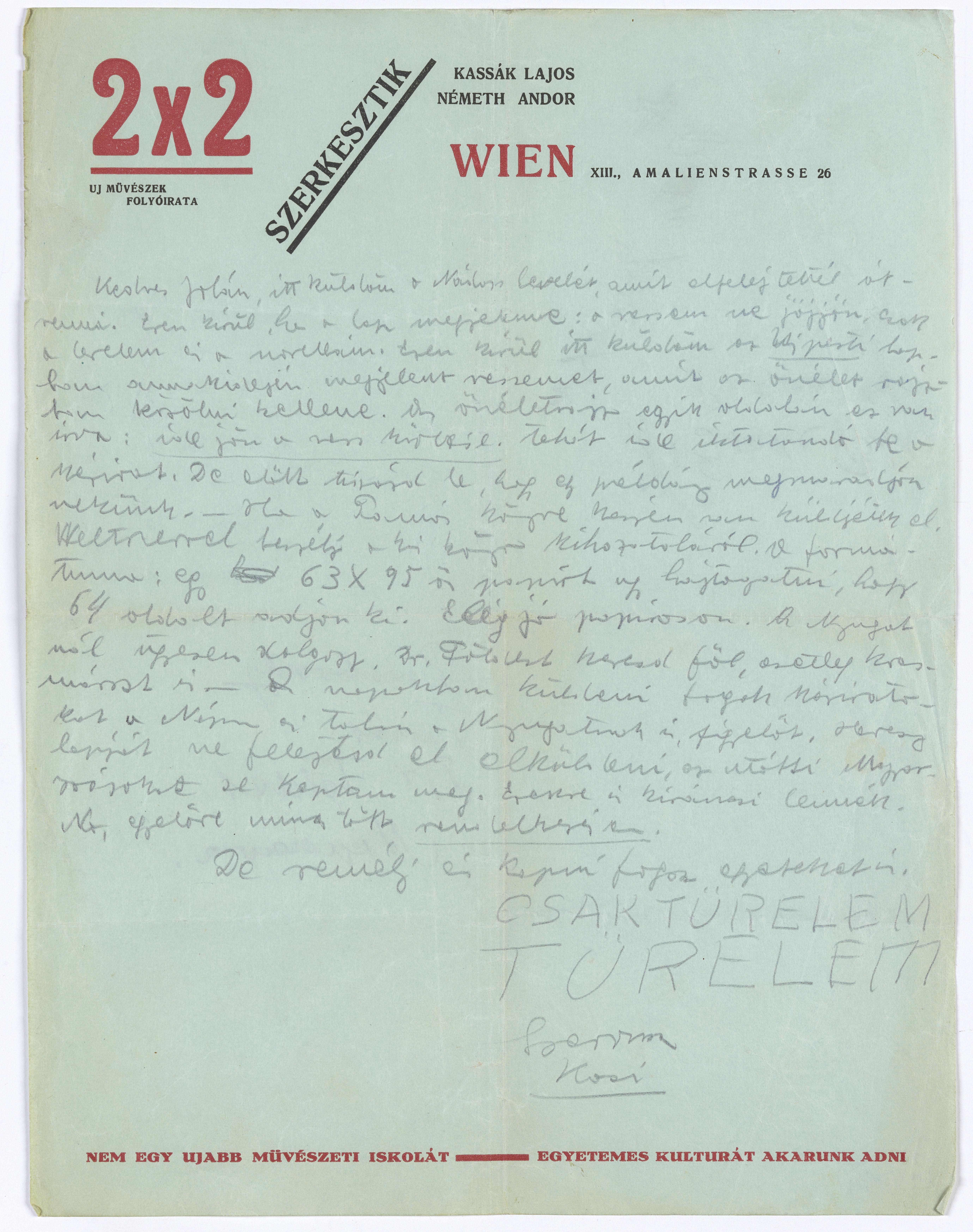 Kassák Lajos levele Simon Jolánnak, 1924. április (Kassák Múzeum, KM-lev. 378/11) 
