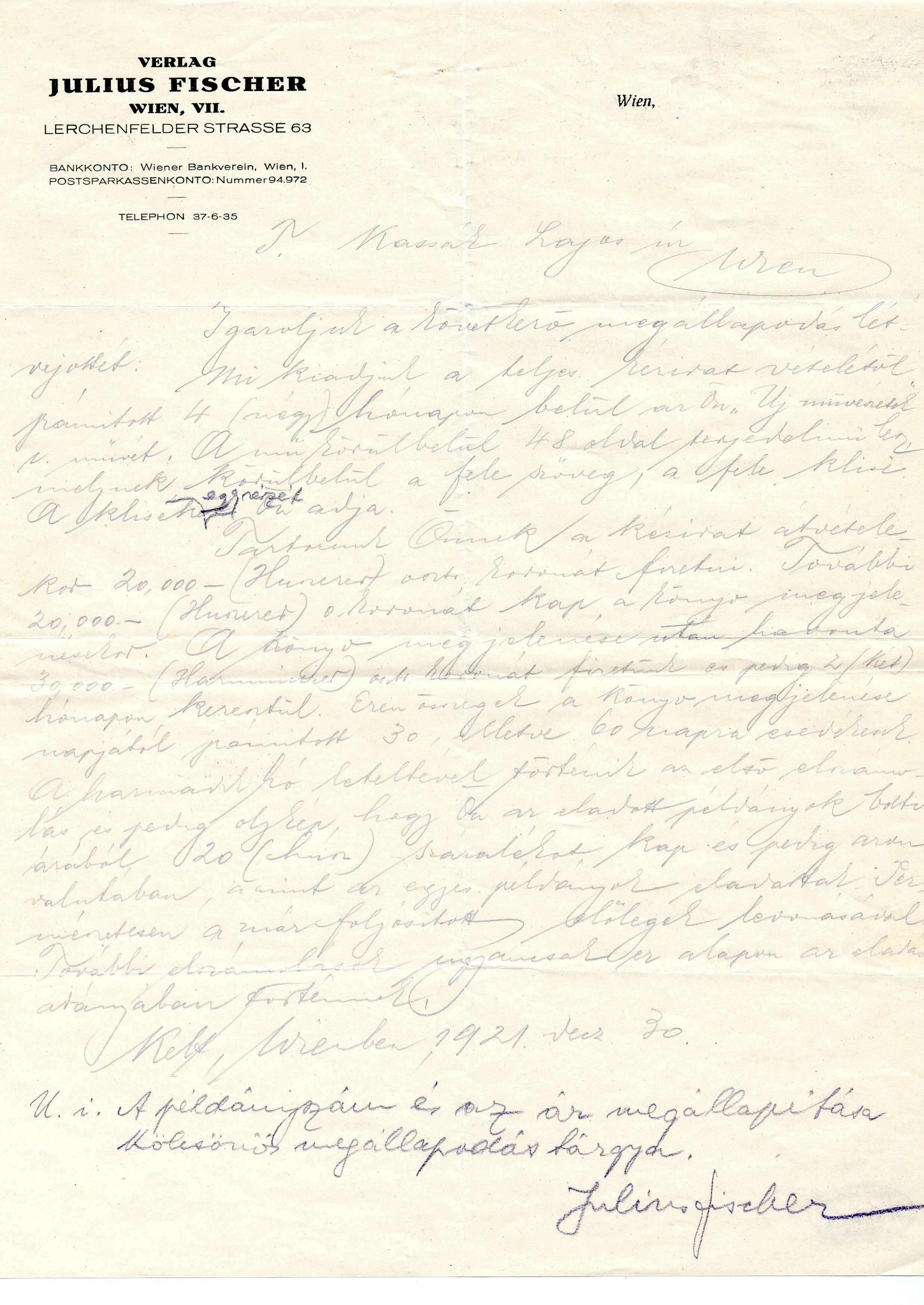 Kassák Lajos szerződése az Új művészek könyve kiadására, 1921 (Kassák Múzeum, KM-an. 3/3)