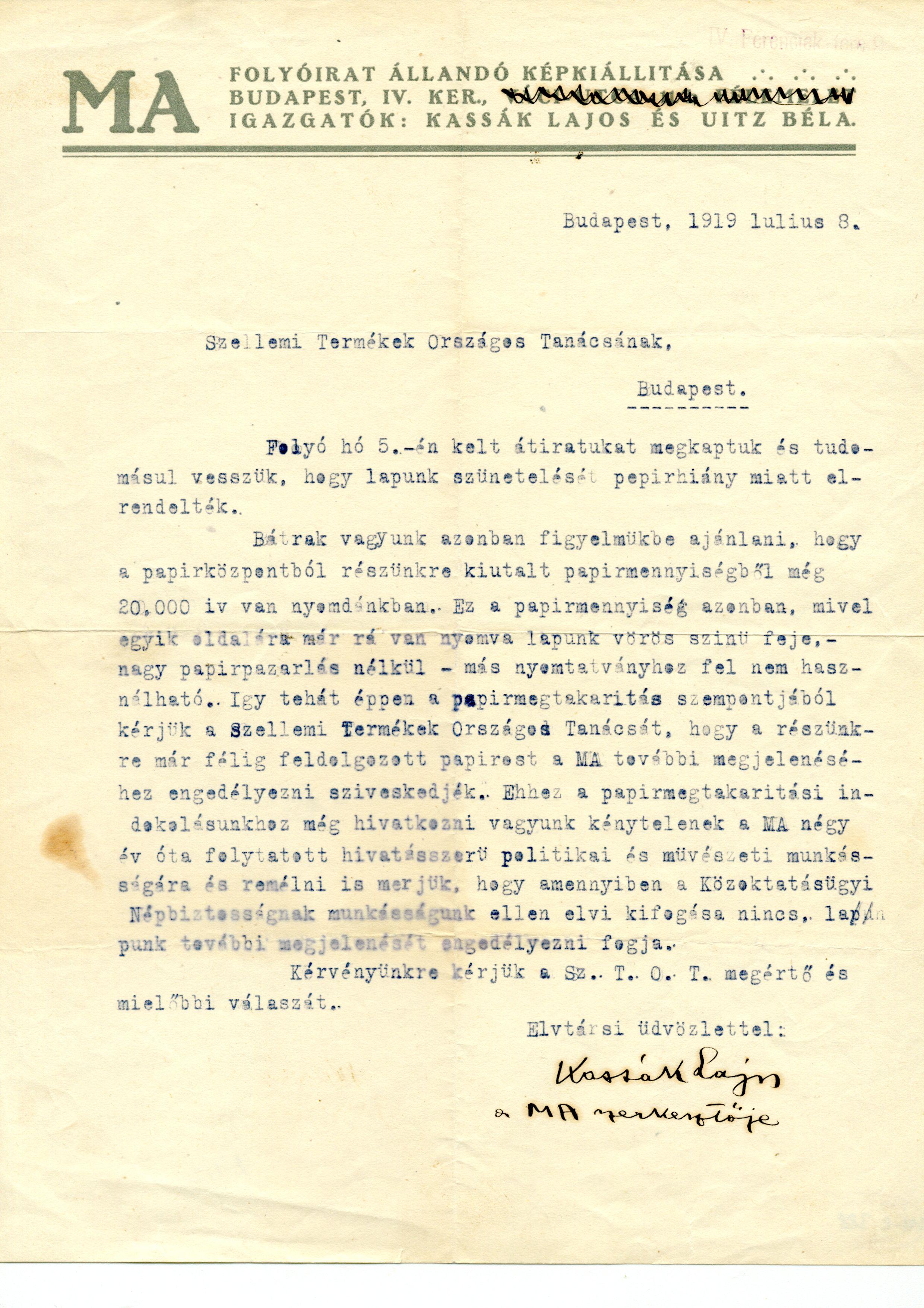 Kassák Lajos levele a Szellemi Termékek Országos Tanácsának, 1919. július 8. (Kassák Múzeum, KM-lev. 388)