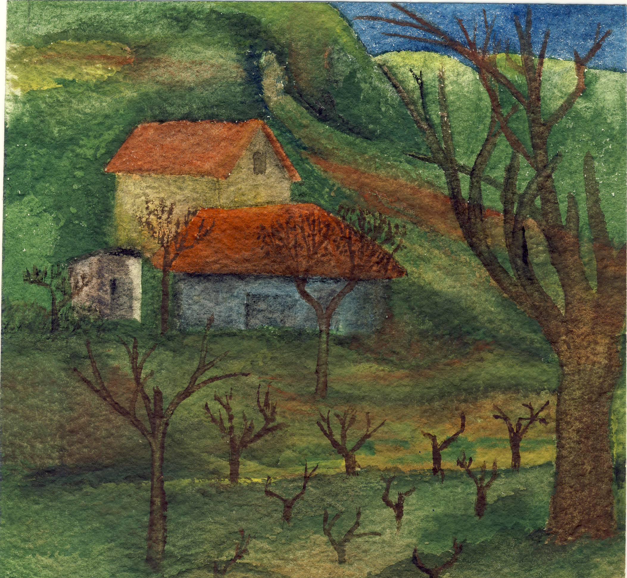 Kassák Lajos: Tájkép, 1950-es évek, papír, akvarell,  a Kassák Múzeum gyűjteménye