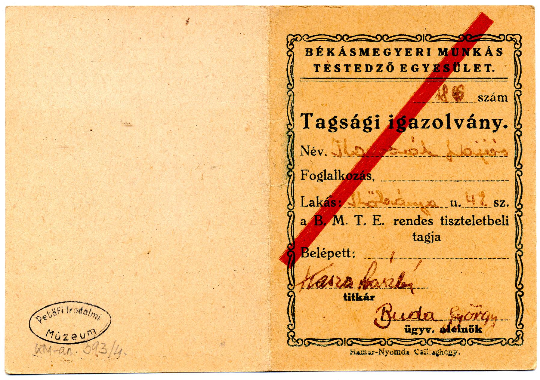 Kassák munkástestedző egyesületi tagsági könyve a békásmegyeri időkből, a Kassák Múzeum gyűjteménye