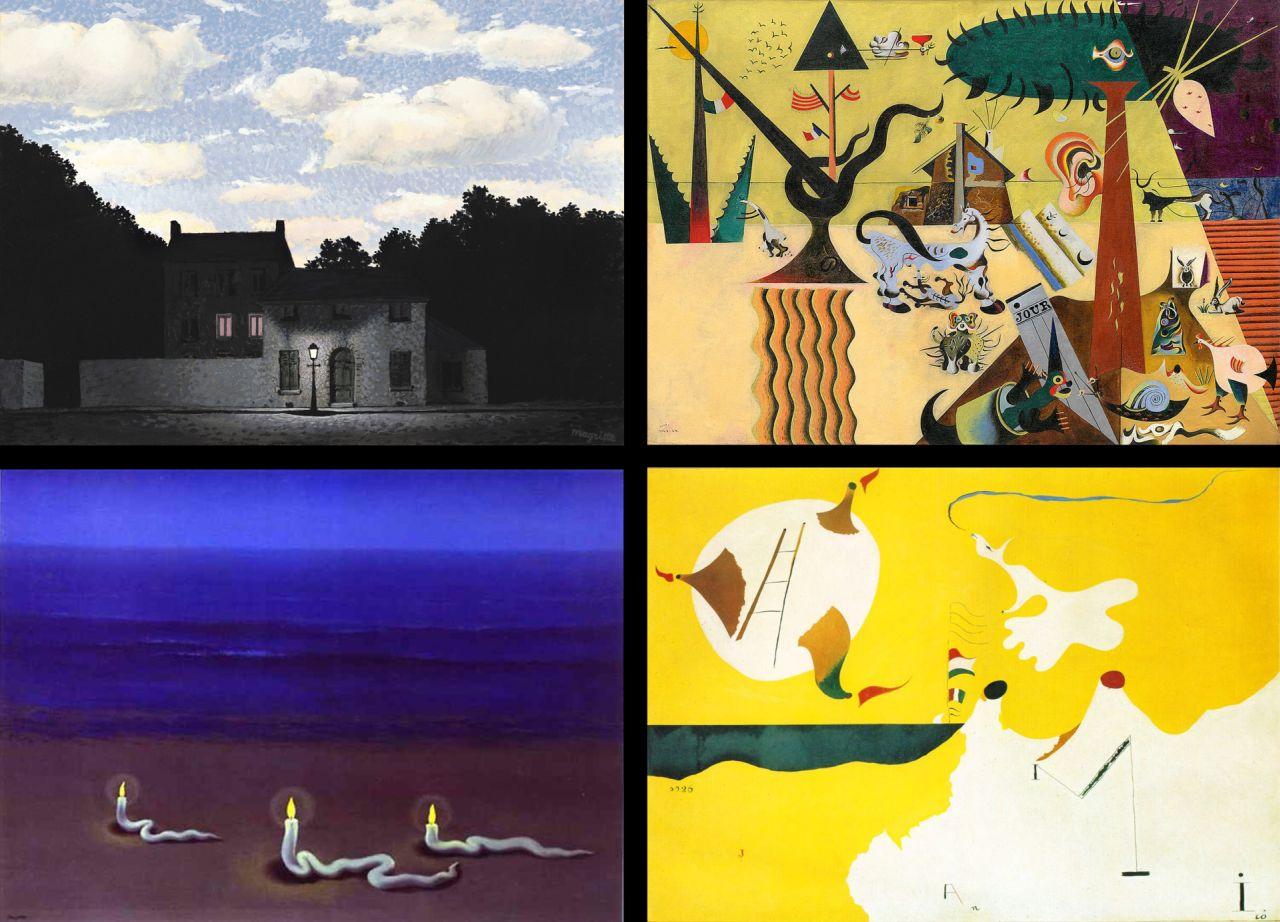 René Magritte: A fények birodalma (1954), Joan Miró: Döntött mező (1923), René Magritte: Meditáció (1936), Joan Miró: Tájkép (1927)