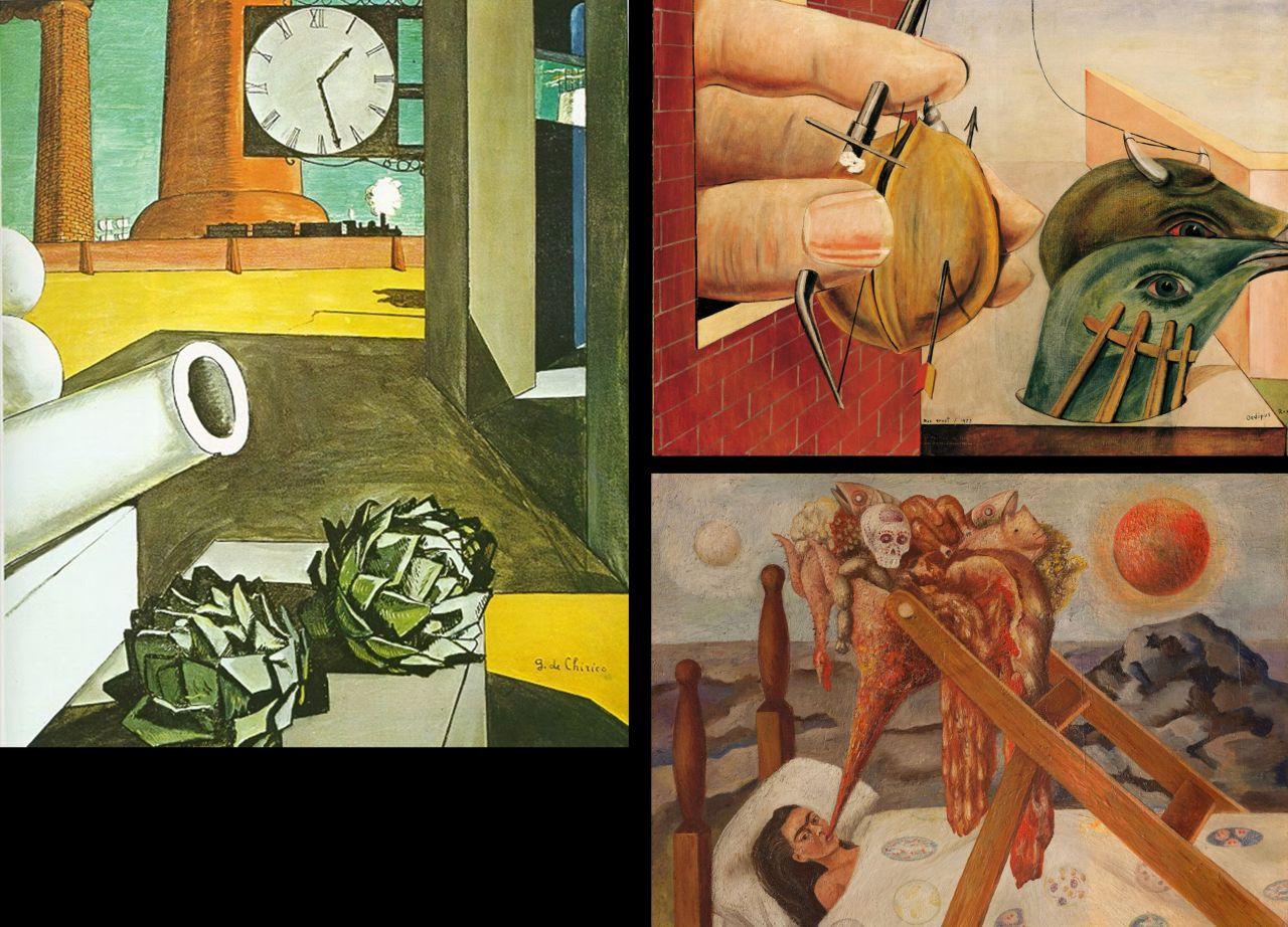Giorgio de Chirico: A filozófus meghódítása (1914), Max Ernst: Oedipus Rex (1922), Frida Kahlo: Reményt vesztve (1945)  